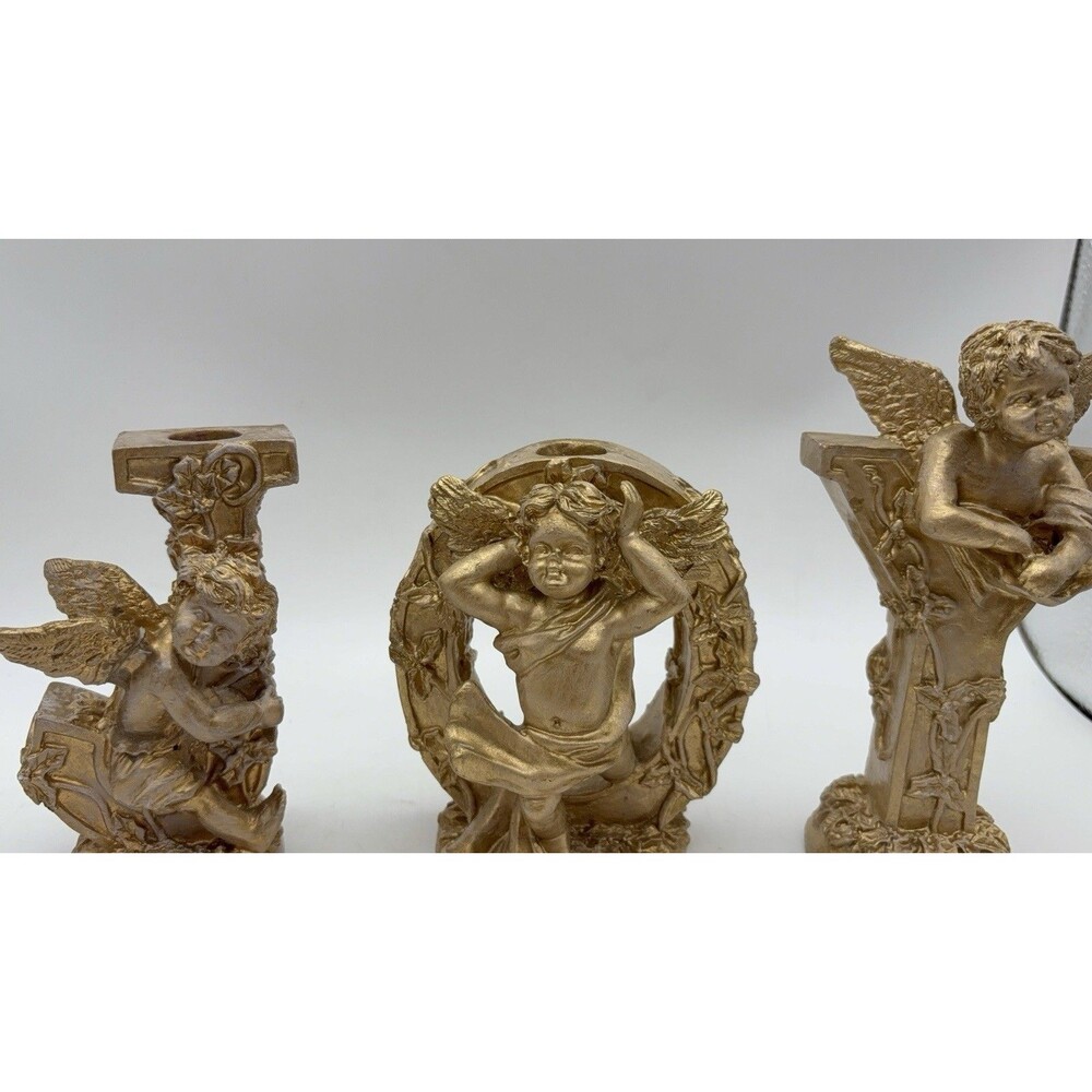 Vintage JOY Cherub Angel Taper Candle Holders Gold Resin Christmas Set of 3